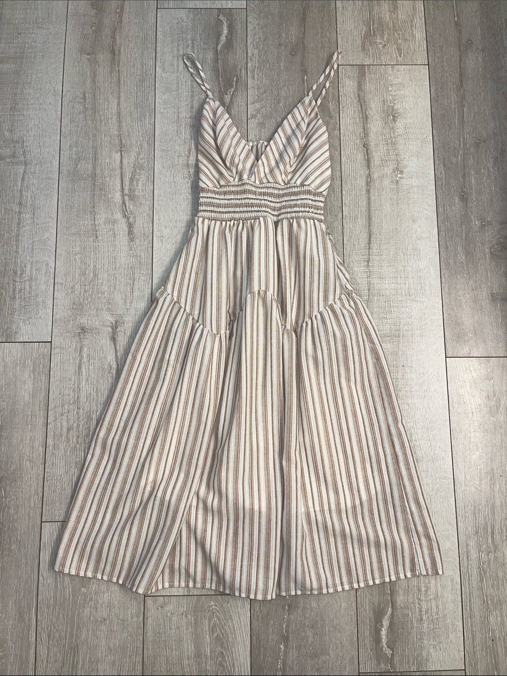 Striped V Neck Smocked Flare Maxi Dress in Beige & White Brand New XS/Never Worn